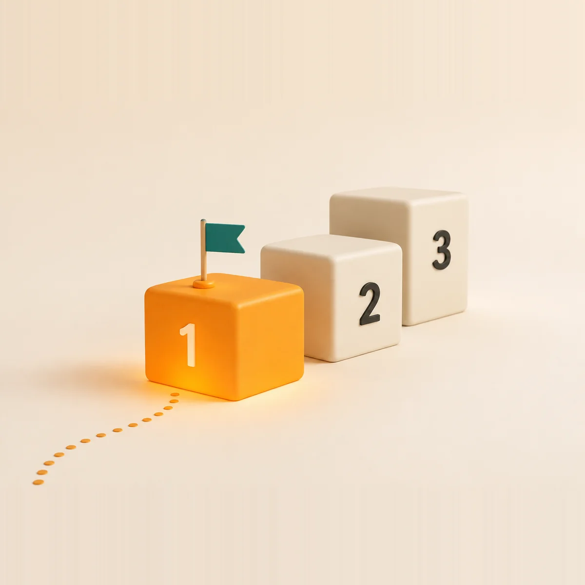 Three numbered blocks in a row: block one amber, glowing and flagged, blocks two and three waiting behind it.