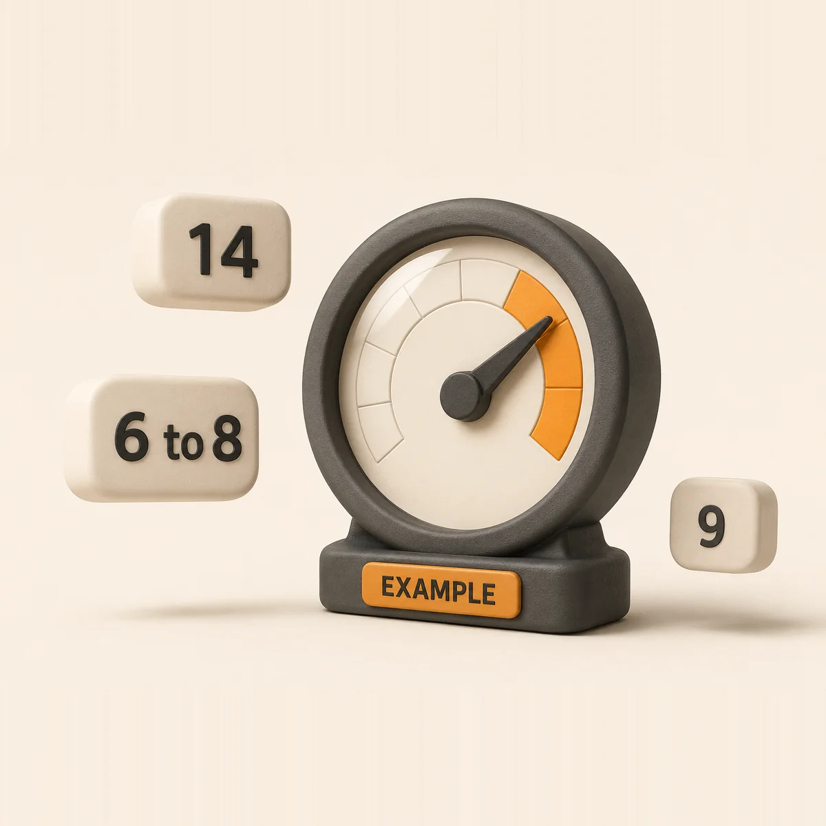 A diagnostic gauge with its needle deep in the amber zone, beside floating example tiles reading 14, 6 to 8 and 9.