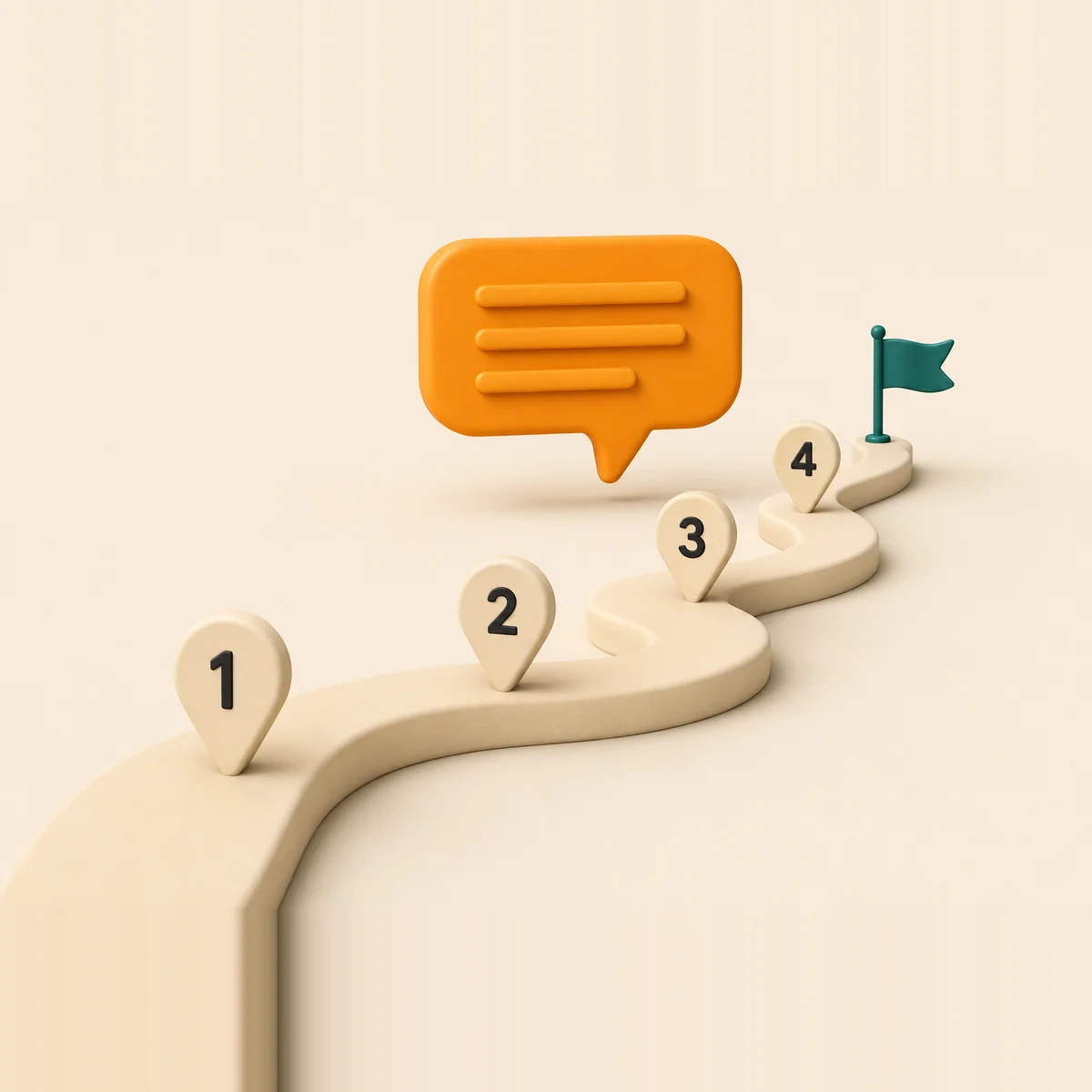 A winding path with four numbered milestones ending at a small flag, guided by an amber speech bubble overhead.