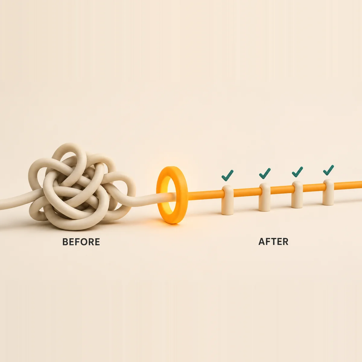 A knotted cord labelled before passes through a glowing amber ring and emerges straight, pegged and ticked, labelled after.