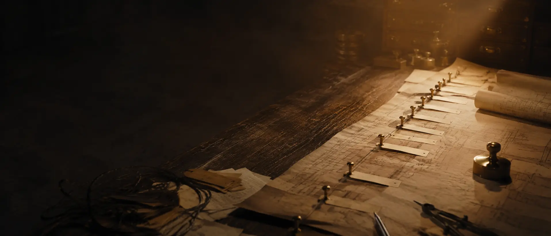 A tangled cord being laid out into an ordered, pegged line across an architect's worktable
