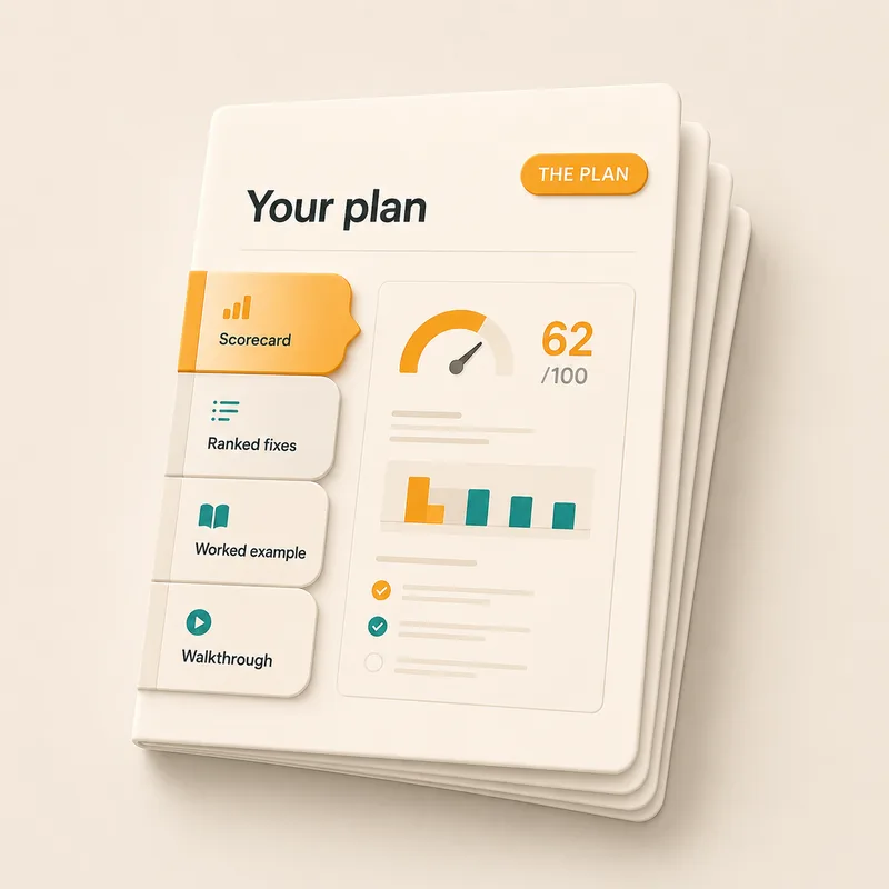 A four-part plan document: scorecard, ranked fixes, worked example and walkthrough.