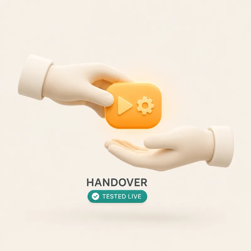 Two hands passing a system, labelled handover and tested live.