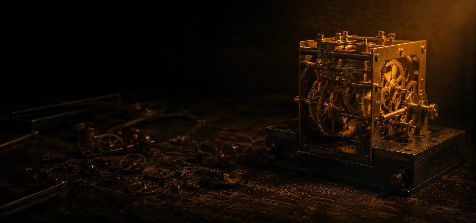 A workbench mid-rebuild: loose parts in shadow, one mechanism reassembled and lit warm amber
