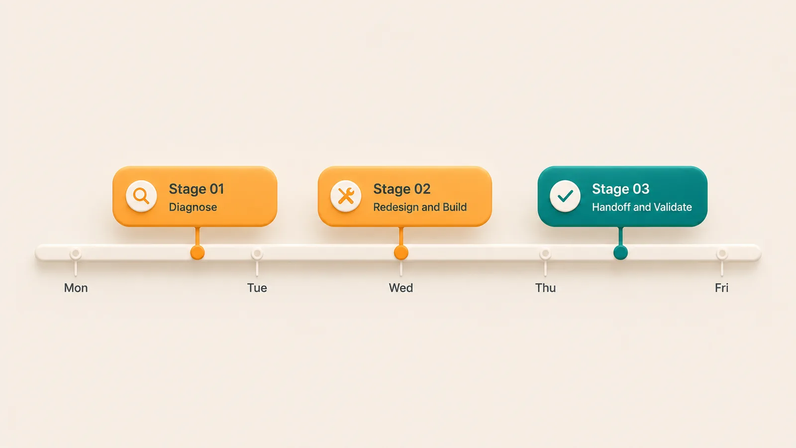A Monday to Friday week timeline: Stage 01 Diagnose, Stage 02 Redesign and Build, Stage 03 Handoff and Validate.