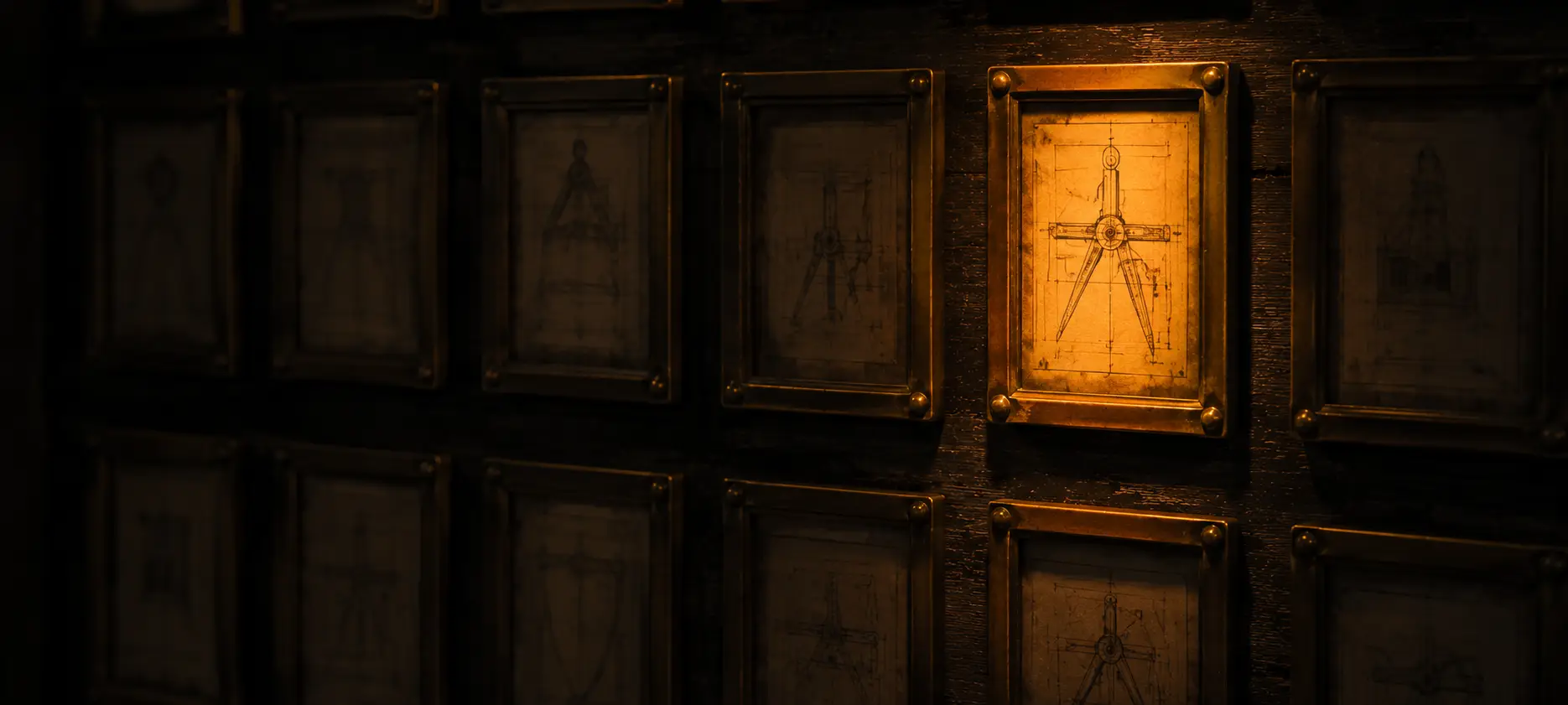 A dark workshop wall of framed technical drawings, one frame lit warm amber