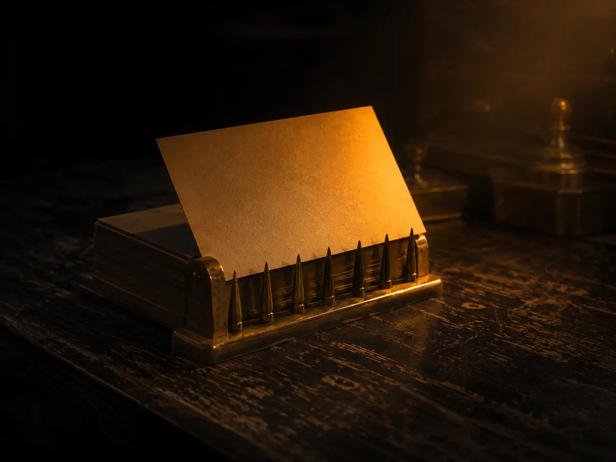 A brass spike file holding a neat stack of index cards, the top card lit and angled forward