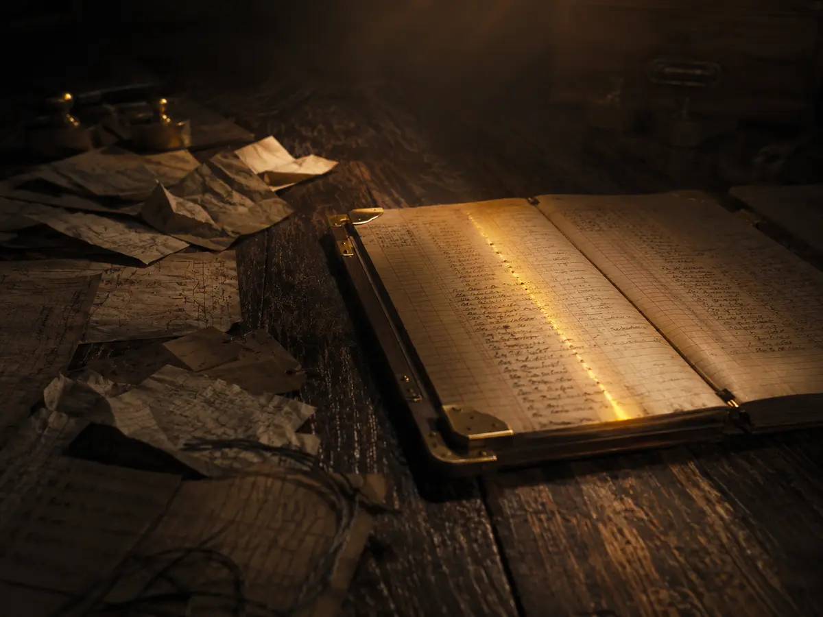Scattered crumpled supplier notes beside one open, ruled ledger with aligned entries