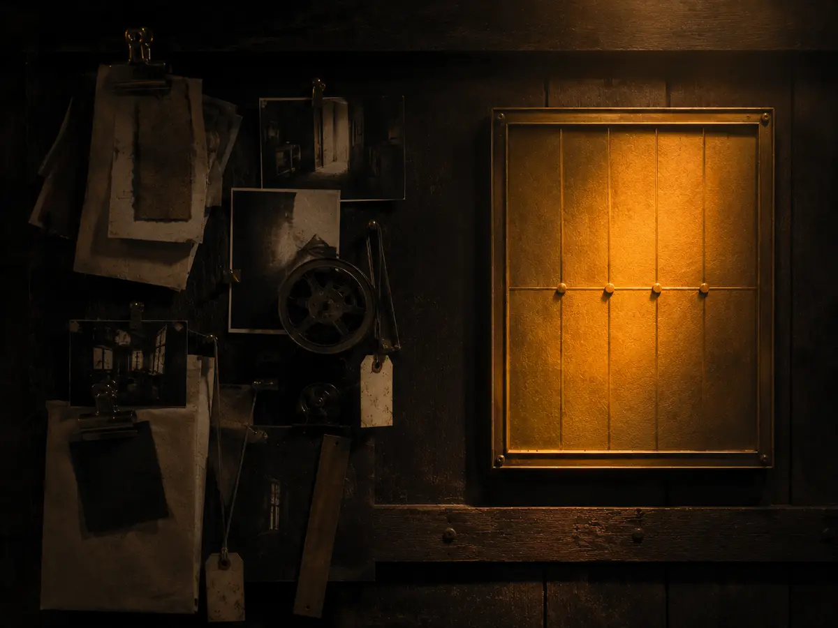 A wall of clipped raw materials beside a single finished framed panel glowing amber