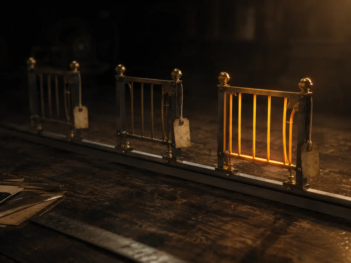 Three brass gate frames on a steel rail, the third lit amber, a paper sign-off tag on each