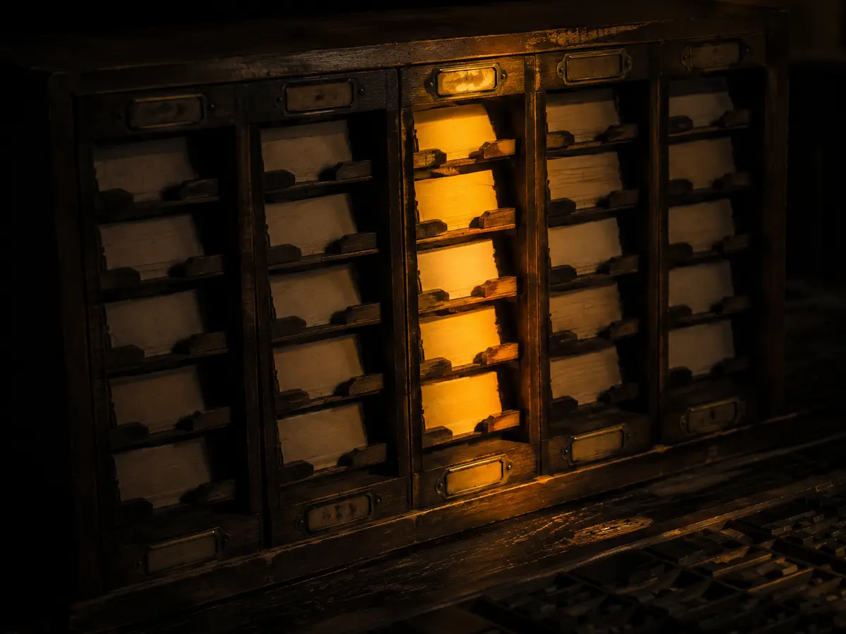 A five-column card cabinet with every slot filled, the middle column lit amber